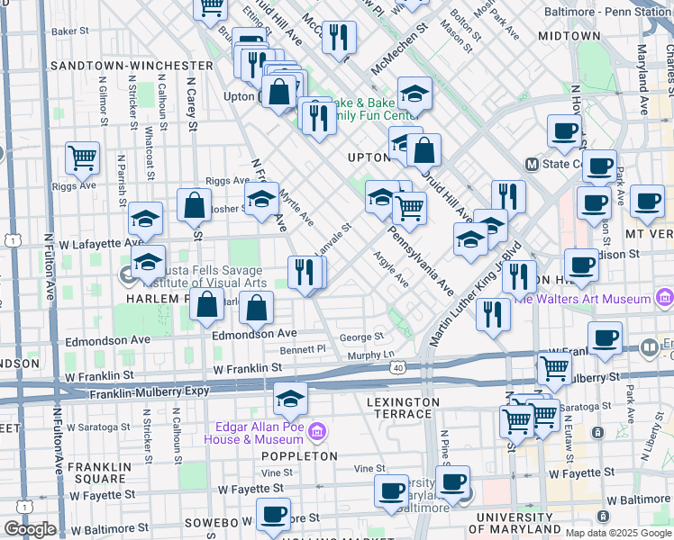 map of restaurants, bars, coffee shops, grocery stores, and more near 718 Dolphin Street in Baltimore