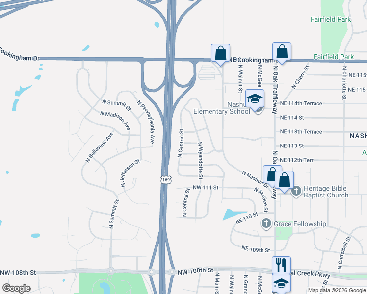 map of restaurants, bars, coffee shops, grocery stores, and more near 11304 North Central Street in Kansas City