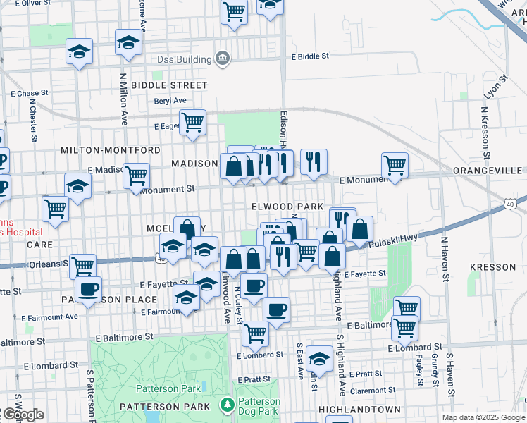 map of restaurants, bars, coffee shops, grocery stores, and more near 3031 McElderry St in Baltimore