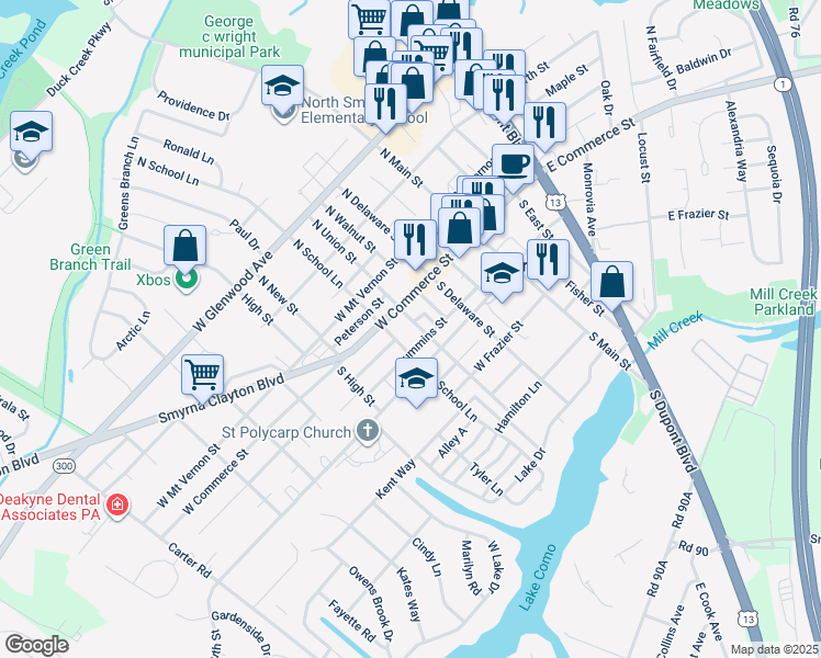 map of restaurants, bars, coffee shops, grocery stores, and more near 19 South Union Street in Smyrna