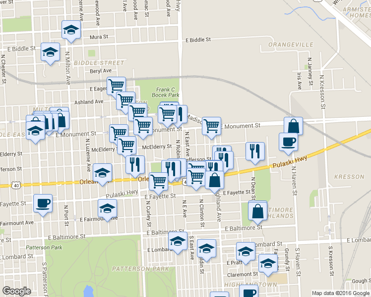 map of restaurants, bars, coffee shops, grocery stores, and more near 3135 McElderry Street in Baltimore