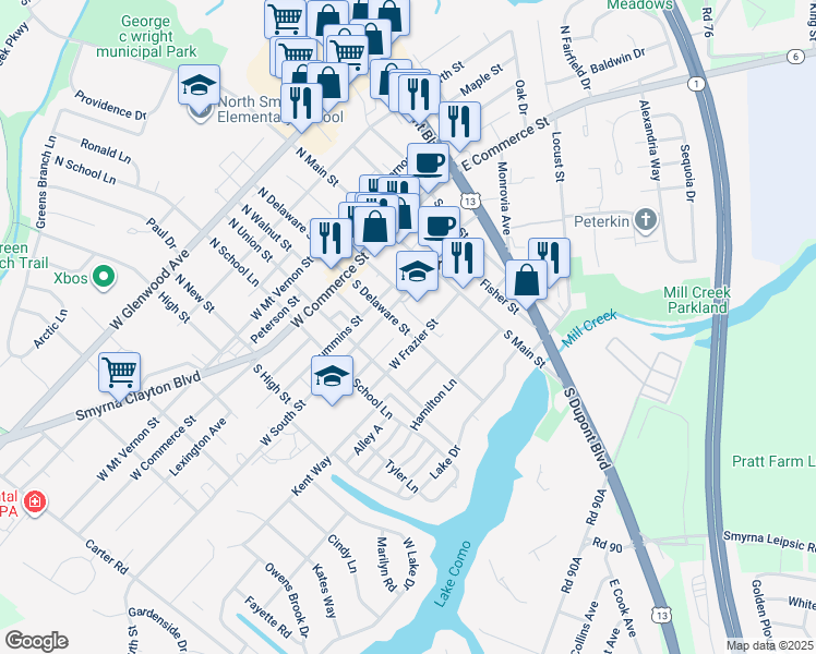 map of restaurants, bars, coffee shops, grocery stores, and more near 112 South Delaware Street in Smyrna