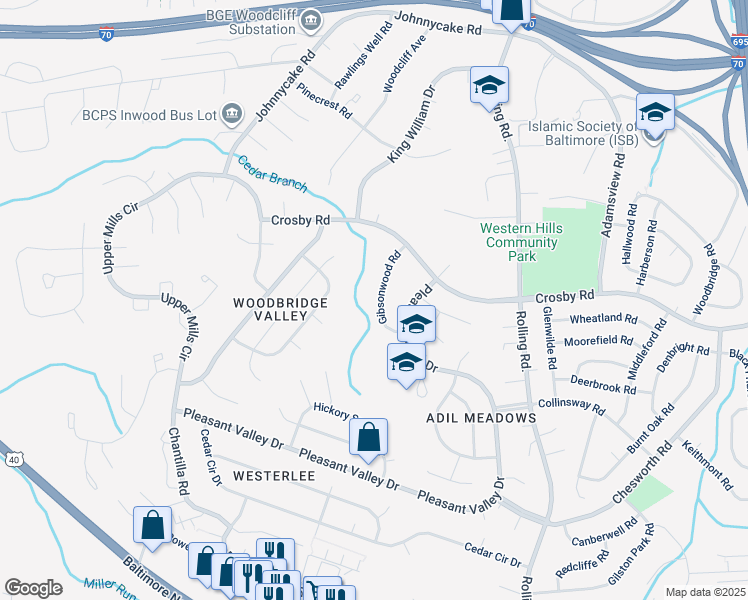 map of restaurants, bars, coffee shops, grocery stores, and more near 1418 Gibsonwood Road in Catonsville