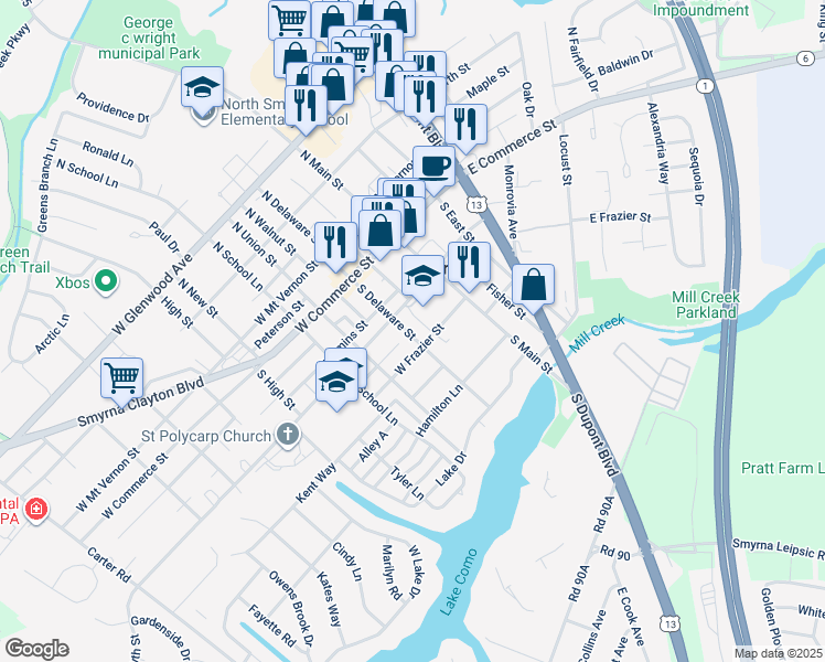 map of restaurants, bars, coffee shops, grocery stores, and more near 112 South Delaware Street in Smyrna