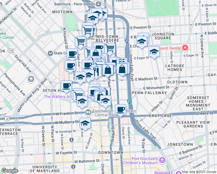 map of restaurants, bars, coffee shops, grocery stores, and more near 28 East Mount Vernon Place in Baltimore