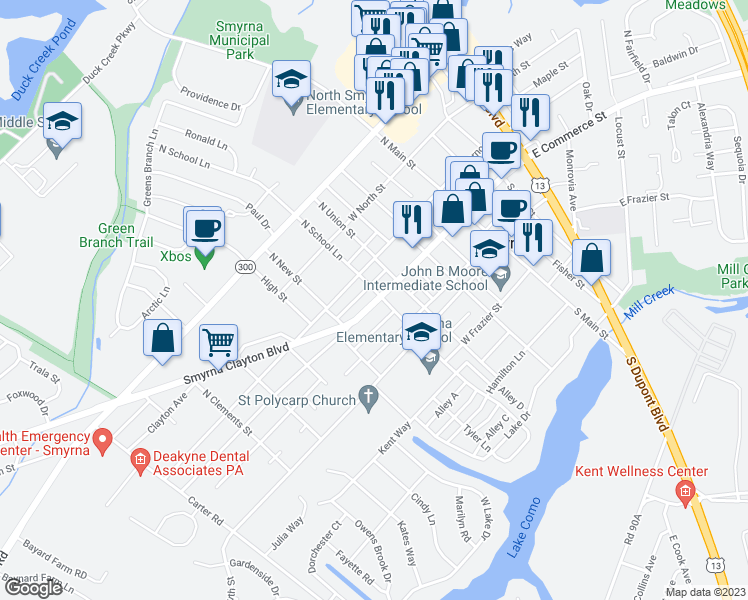 map of restaurants, bars, coffee shops, grocery stores, and more near 304 West Commerce Street in Smyrna