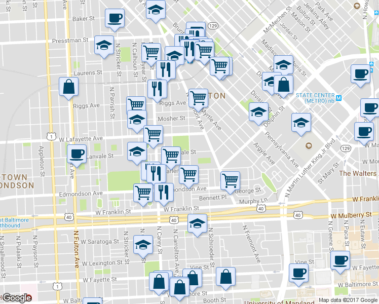 map of restaurants, bars, coffee shops, grocery stores, and more near West Lanvale Street & North Arlington Avenue in Baltimore