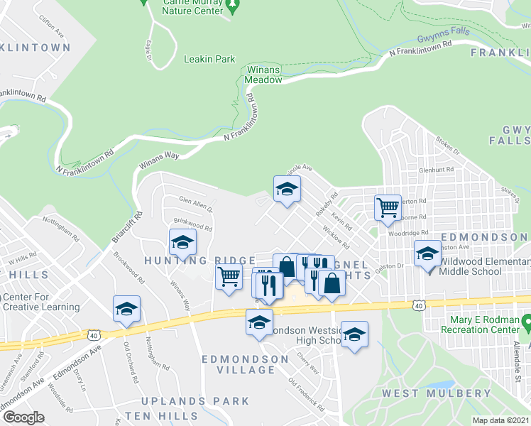 map of restaurants, bars, coffee shops, grocery stores, and more near Walnut Ave & Seminole Ave in Baltimore