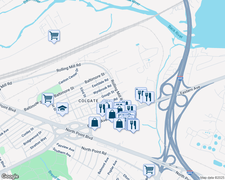 map of restaurants, bars, coffee shops, grocery stores, and more near 8042 Gough Street in Baltimore