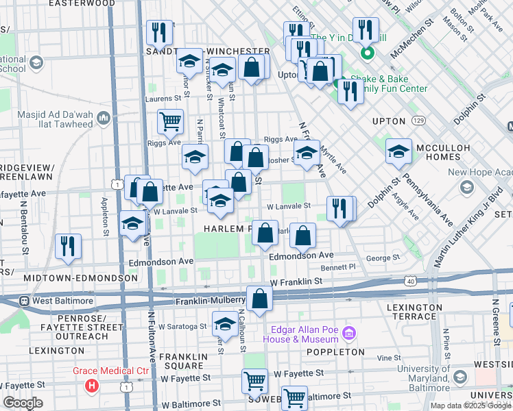 map of restaurants, bars, coffee shops, grocery stores, and more near 800 North Carey Street in Baltimore