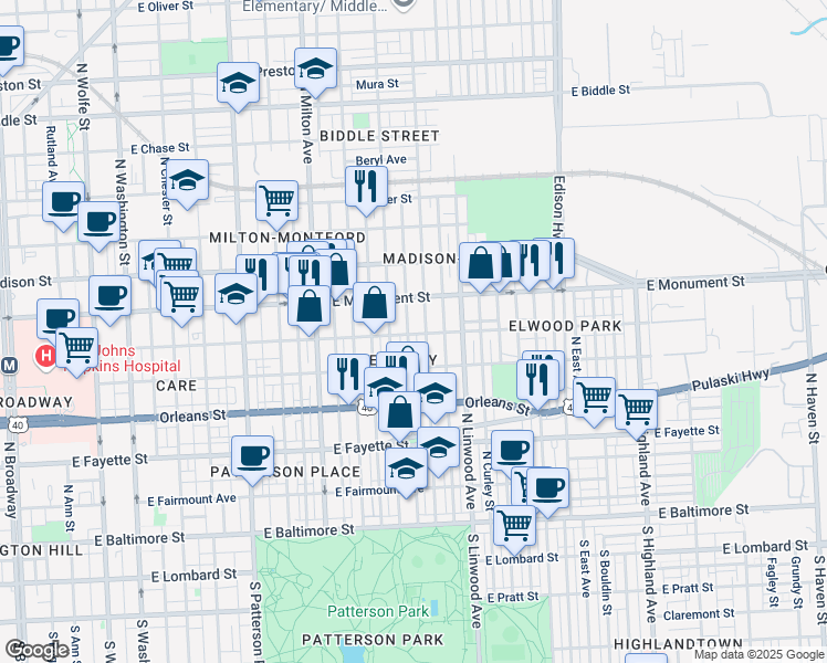 map of restaurants, bars, coffee shops, grocery stores, and more near 601 North Belnord Avenue in Baltimore