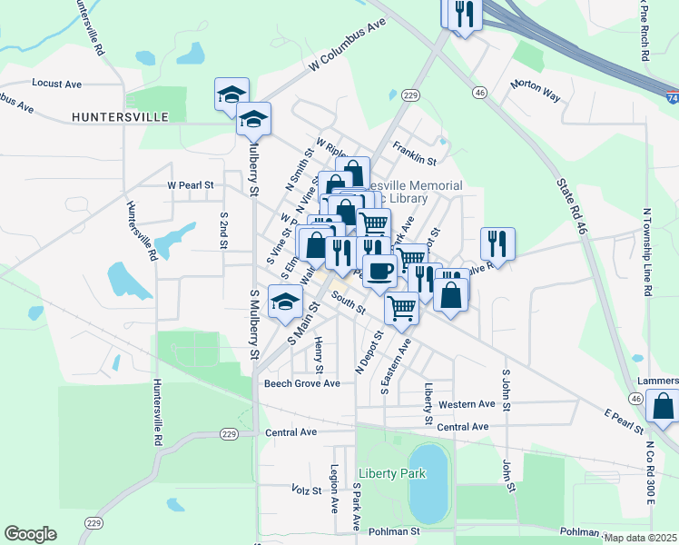 map of restaurants, bars, coffee shops, grocery stores, and more near 38 South Main Street in Batesville