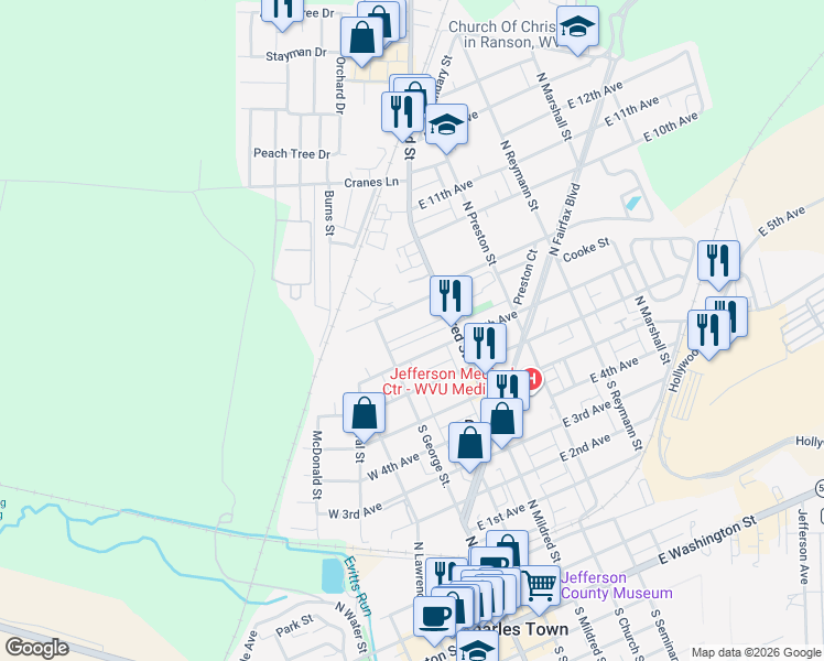 map of restaurants, bars, coffee shops, grocery stores, and more near Oasis Ave in Ranson