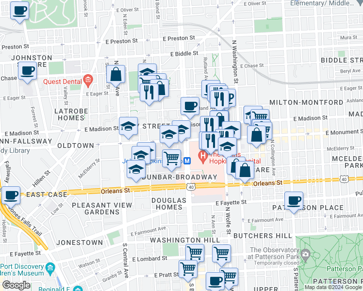 map of restaurants, bars, coffee shops, grocery stores, and more near 624 North Broadway in Baltimore