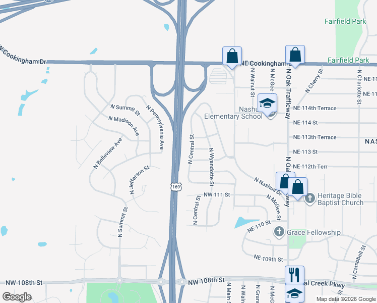 map of restaurants, bars, coffee shops, grocery stores, and more near 11304 North Central Street in Kansas City
