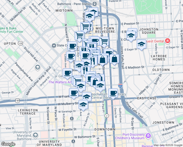 map of restaurants, bars, coffee shops, grocery stores, and more near 6 West Mount Vernon Place in Baltimore