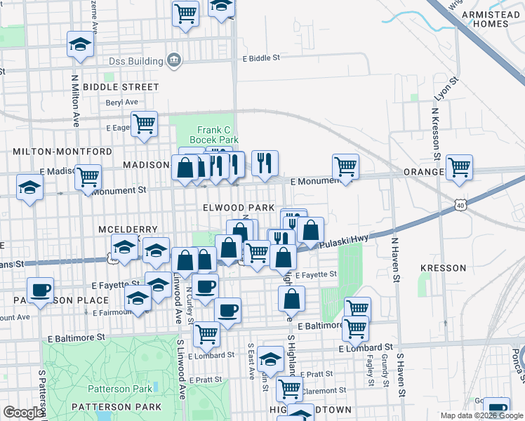 map of restaurants, bars, coffee shops, grocery stores, and more near 3307 McElderry Street in Baltimore
