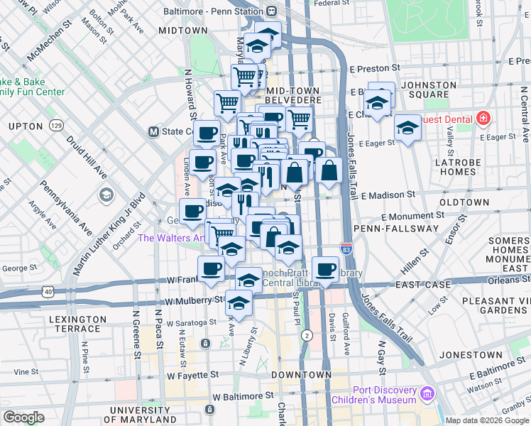 map of restaurants, bars, coffee shops, grocery stores, and more near 700 Washington Place in Baltimore