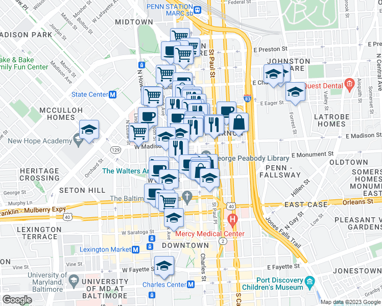 map of restaurants, bars, coffee shops, grocery stores, and more near 6 West Mount Vernon Place in Baltimore