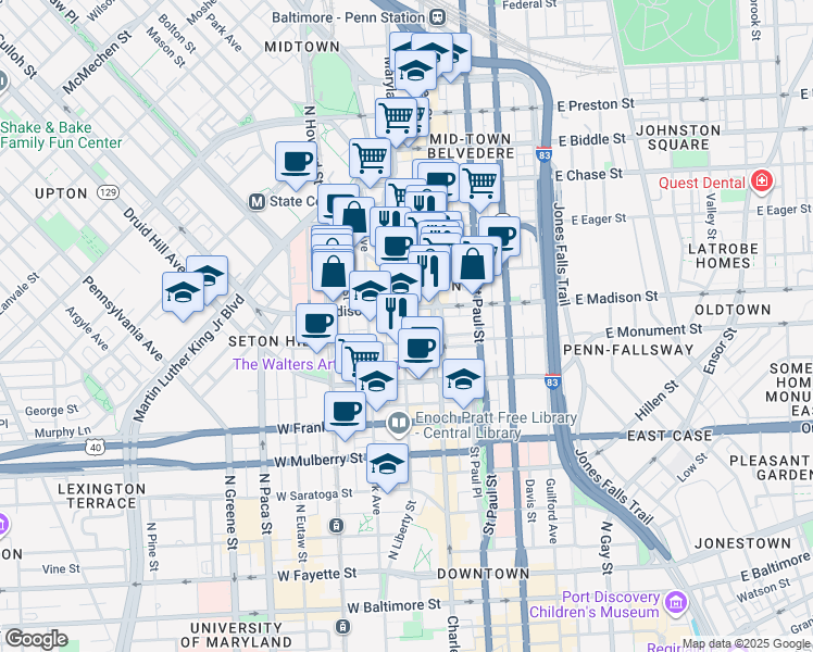 map of restaurants, bars, coffee shops, grocery stores, and more near 701 Cathedral Street in Baltimore
