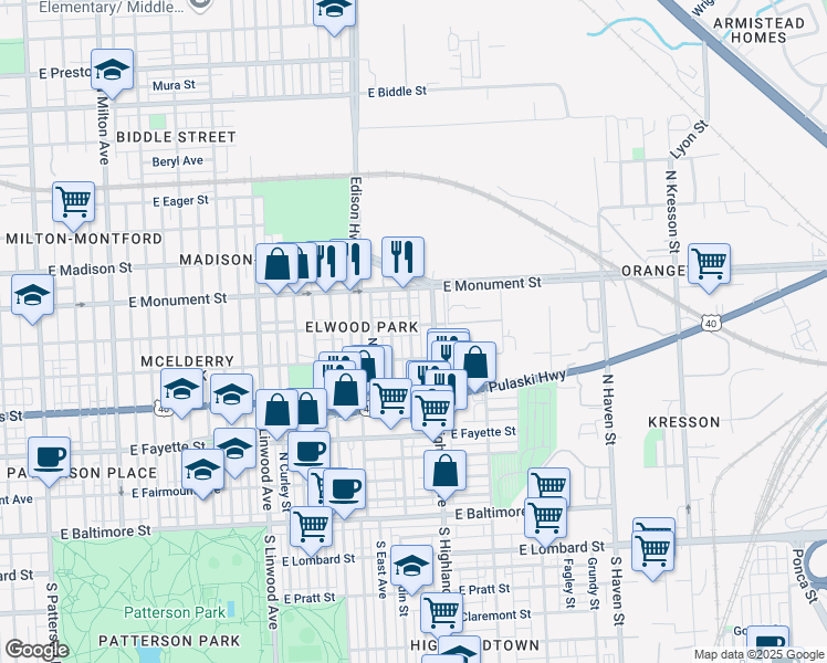 map of restaurants, bars, coffee shops, grocery stores, and more near 3323 McElderry Street in Baltimore