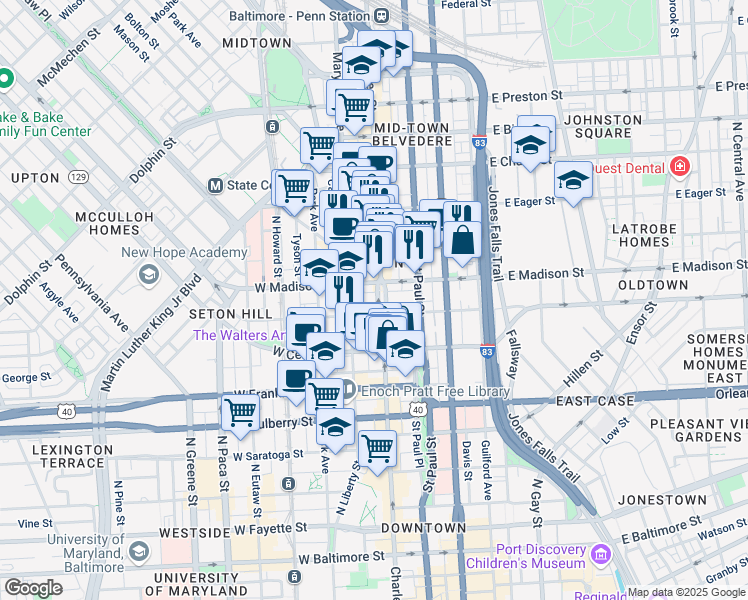 map of restaurants, bars, coffee shops, grocery stores, and more near 700 Washington Place in Baltimore