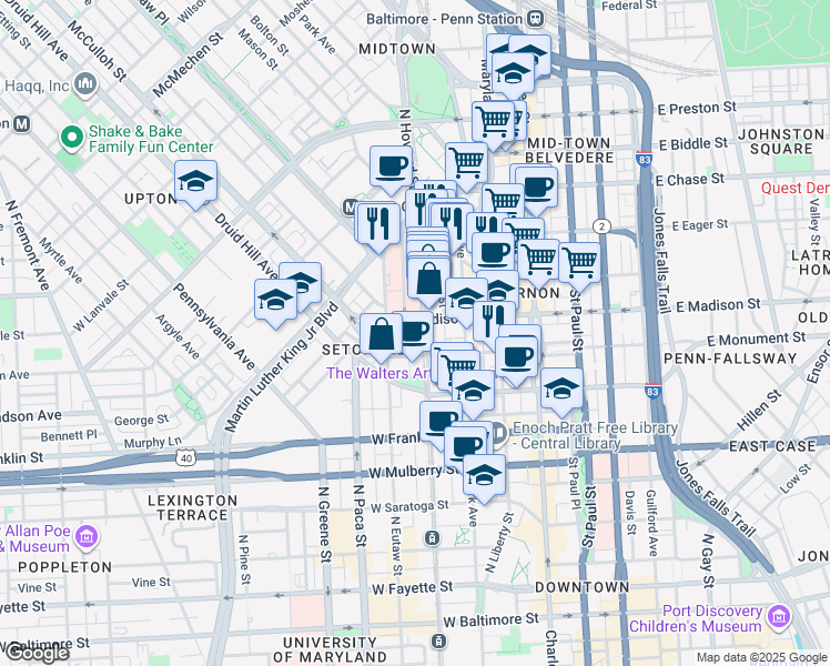 map of restaurants, bars, coffee shops, grocery stores, and more near 301 West Madison Street in Baltimore
