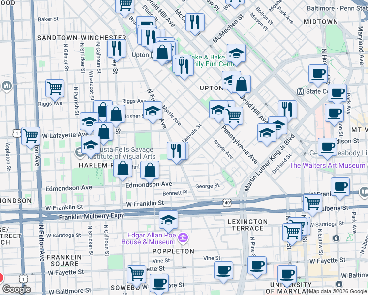 map of restaurants, bars, coffee shops, grocery stores, and more near 811 West Lanvale Street in Baltimore