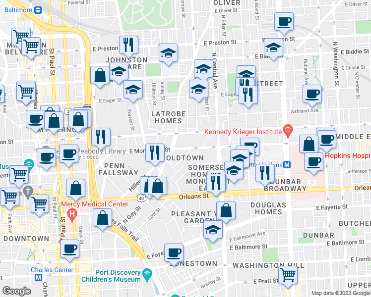 map of restaurants, bars, coffee shops, grocery stores, and more near E Monument St & Stirling St in Baltimore
