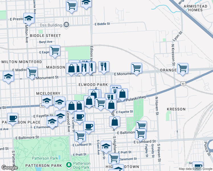 map of restaurants, bars, coffee shops, grocery stores, and more near 3323 McElderry Street in Baltimore