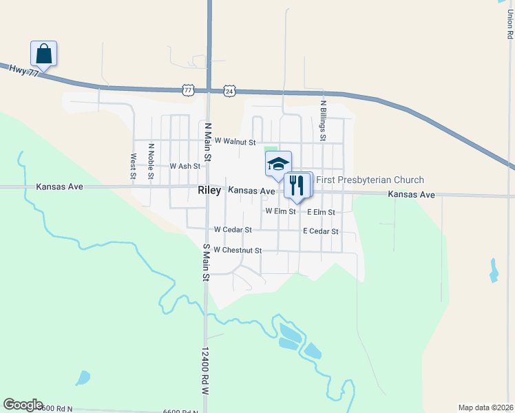 map of restaurants, bars, coffee shops, grocery stores, and more near 107 S Hassebroek St in Riley