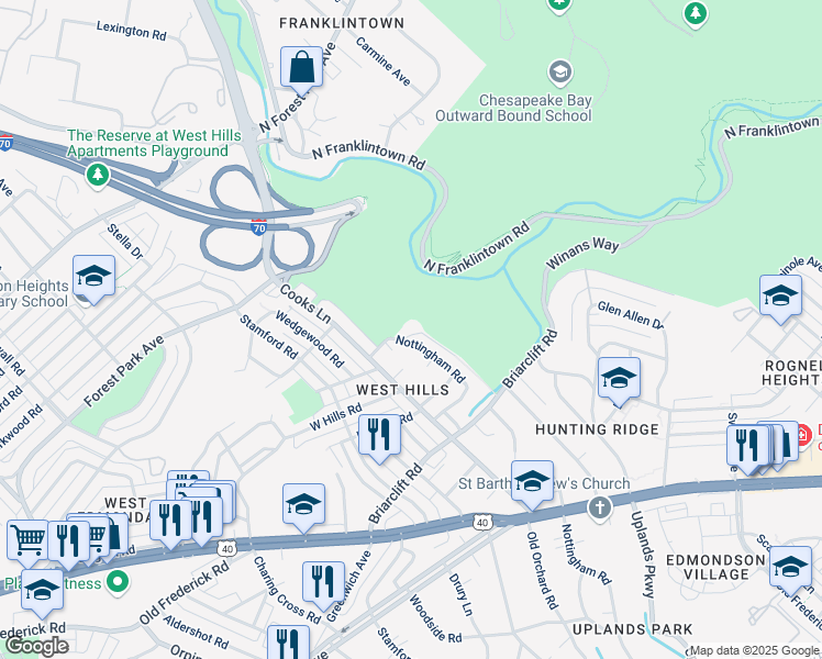 map of restaurants, bars, coffee shops, grocery stores, and more near 907 Nottingham Rd in Baltimore