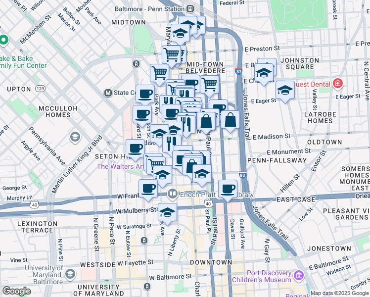 map of restaurants, bars, coffee shops, grocery stores, and more near 700 Washington Place in Baltimore
