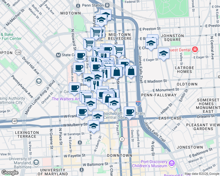 map of restaurants, bars, coffee shops, grocery stores, and more near 10 East Mount Vernon Place in Baltimore