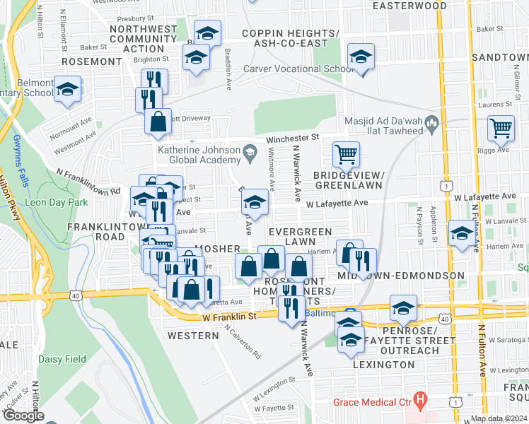 map of restaurants, bars, coffee shops, grocery stores, and more near 2565 West Lafayette Avenue in Baltimore