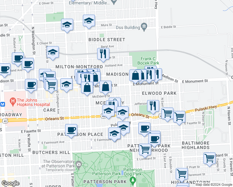 map of restaurants, bars, coffee shops, grocery stores, and more near 609 North Belnord Avenue in Baltimore
