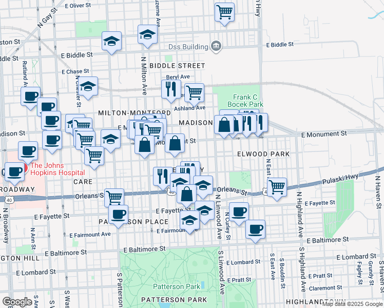 map of restaurants, bars, coffee shops, grocery stores, and more near 609 North Belnord Avenue in Baltimore
