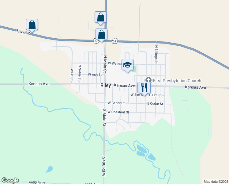 map of restaurants, bars, coffee shops, grocery stores, and more near 112 South Riley Street in Riley