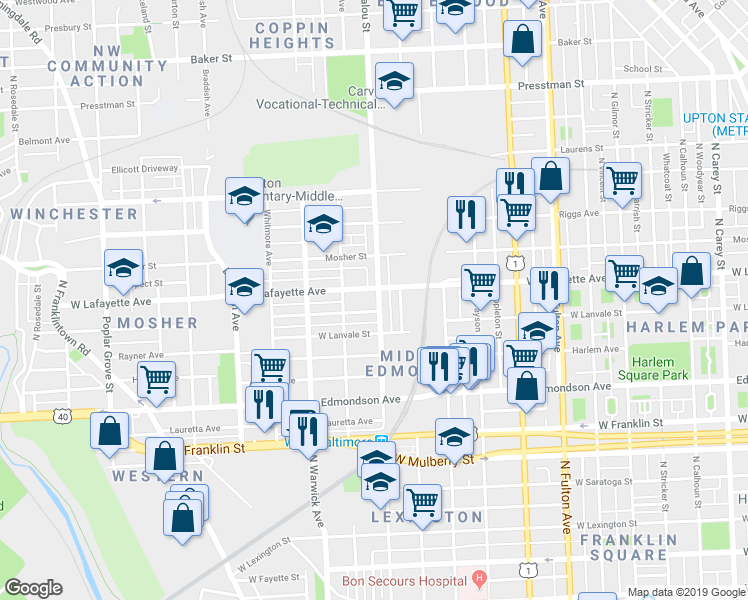 map of restaurants, bars, coffee shops, grocery stores, and more near 824 North Bentalou Street in Baltimore