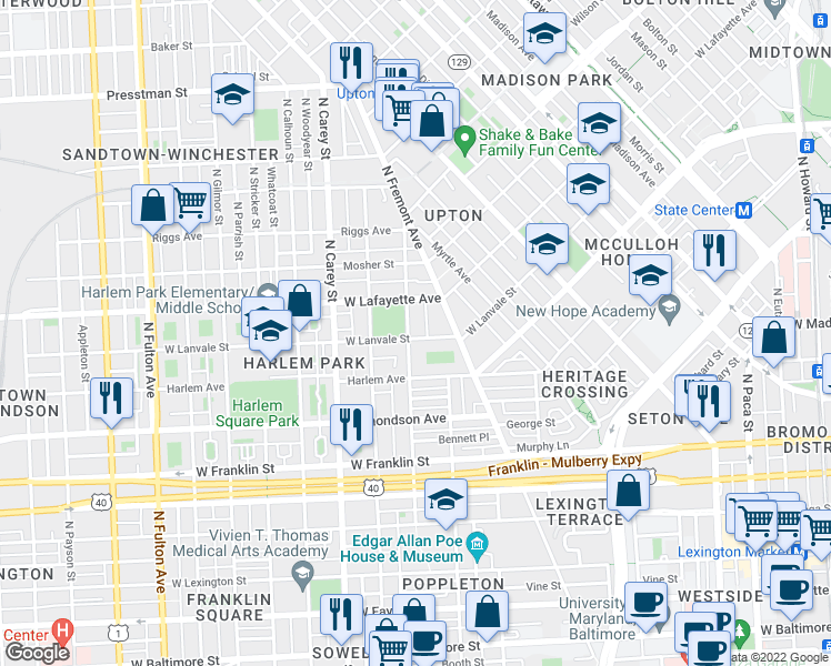 map of restaurants, bars, coffee shops, grocery stores, and more near 801 North Arlington Avenue in Baltimore