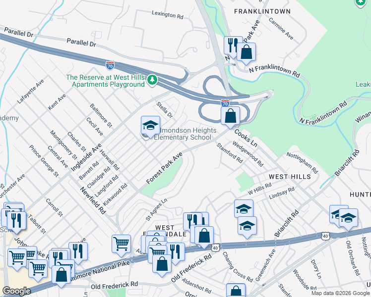 map of restaurants, bars, coffee shops, grocery stores, and more near 1652 North Forest Park Avenue in Woodlawn