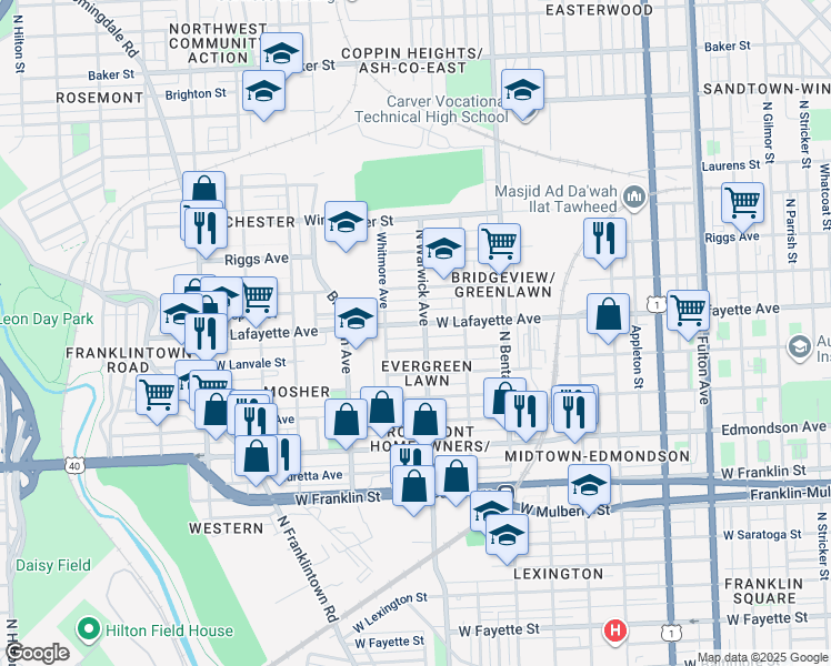 map of restaurants, bars, coffee shops, grocery stores, and more near 2511 West Lafayette Avenue in Baltimore