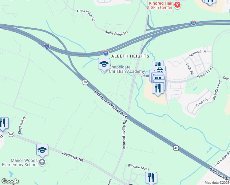 map of restaurants, bars, coffee shops, grocery stores, and more near 11458 Starlight Place in Marriottsville