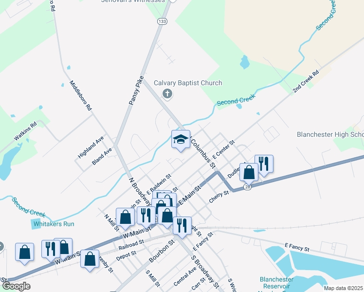 map of restaurants, bars, coffee shops, grocery stores, and more near 327 East Baldwin Street in Blanchester
