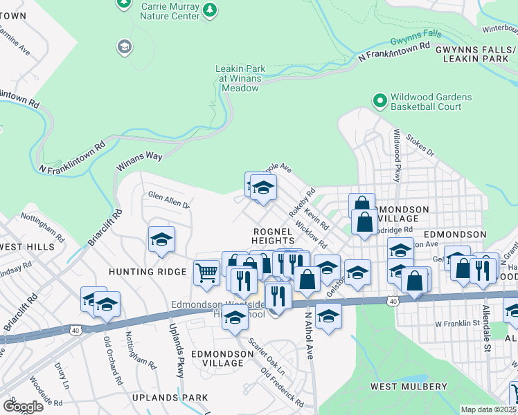 map of restaurants, bars, coffee shops, grocery stores, and more near 4300 Sidehill Road in Baltimore