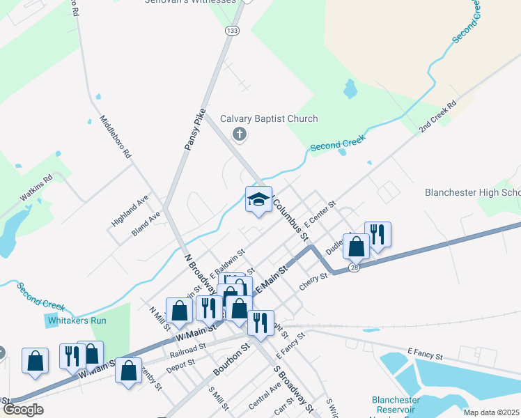 map of restaurants, bars, coffee shops, grocery stores, and more near 327 East Baldwin Street in Blanchester