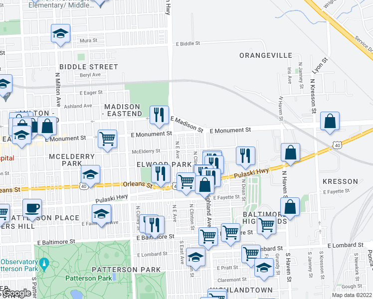 map of restaurants, bars, coffee shops, grocery stores, and more near McElderry St & N Bouldin St in Baltimore