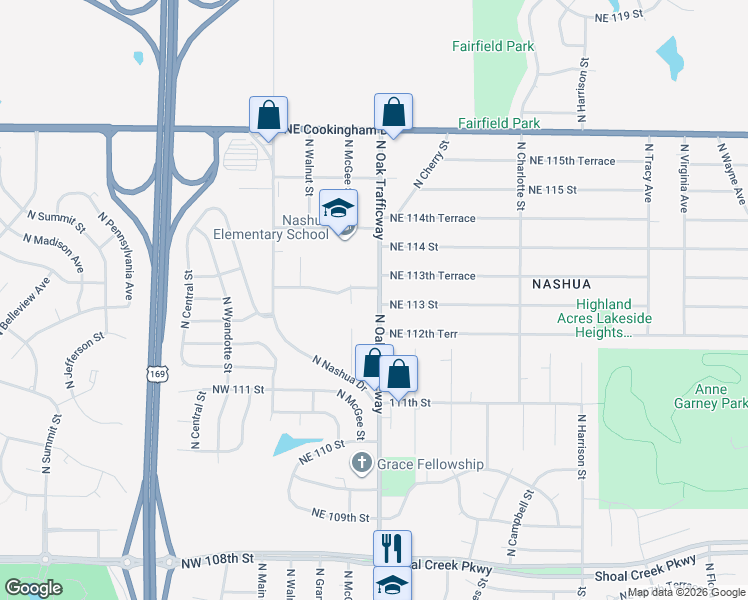 map of restaurants, bars, coffee shops, grocery stores, and more near 401 Northeast 113th Terrace in Kansas City