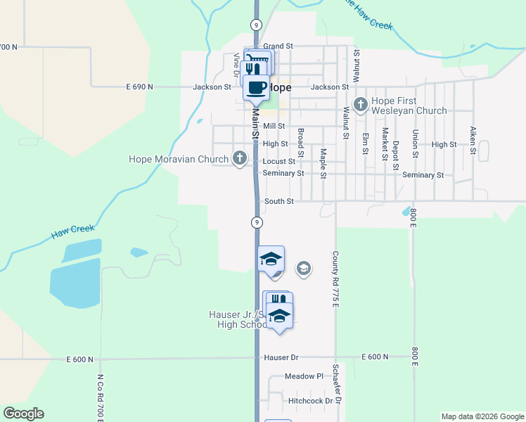 map of restaurants, bars, coffee shops, grocery stores, and more near 9823 Indiana 9 in Hope