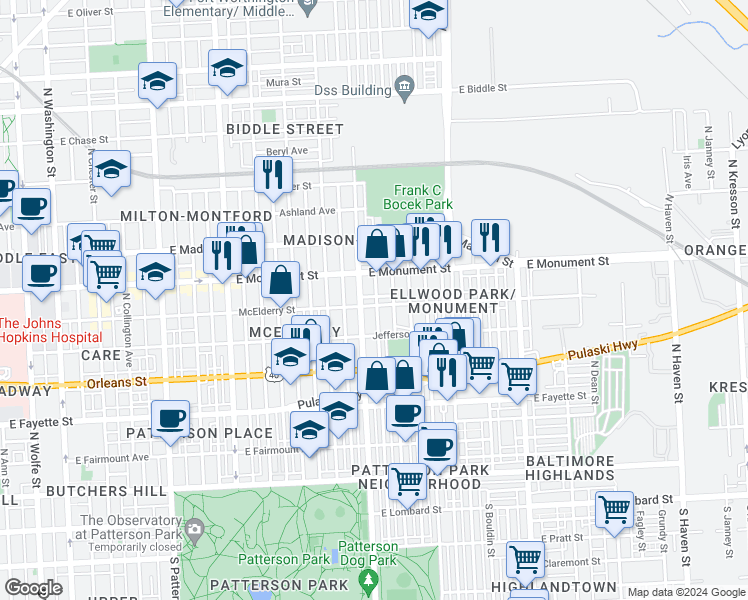 map of restaurants, bars, coffee shops, grocery stores, and more near 2918 McElderry Street in Baltimore